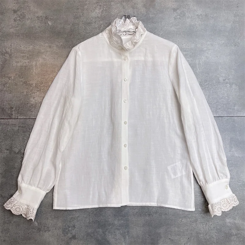 

Women's shirt New embroidered hollowed out stand up collar long sleeved top for autumn 2025 100% linen Women's blouse thin coat