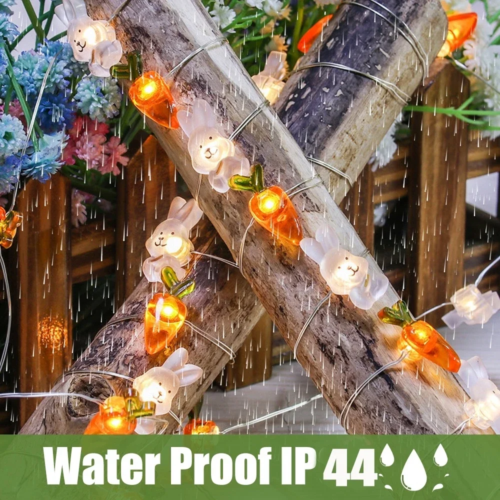 2M 20 Rabbits Carrots Light Decoration Batteries Copper Wire Waterproof LED String Lights Home Outdoor Easter Party Decorations