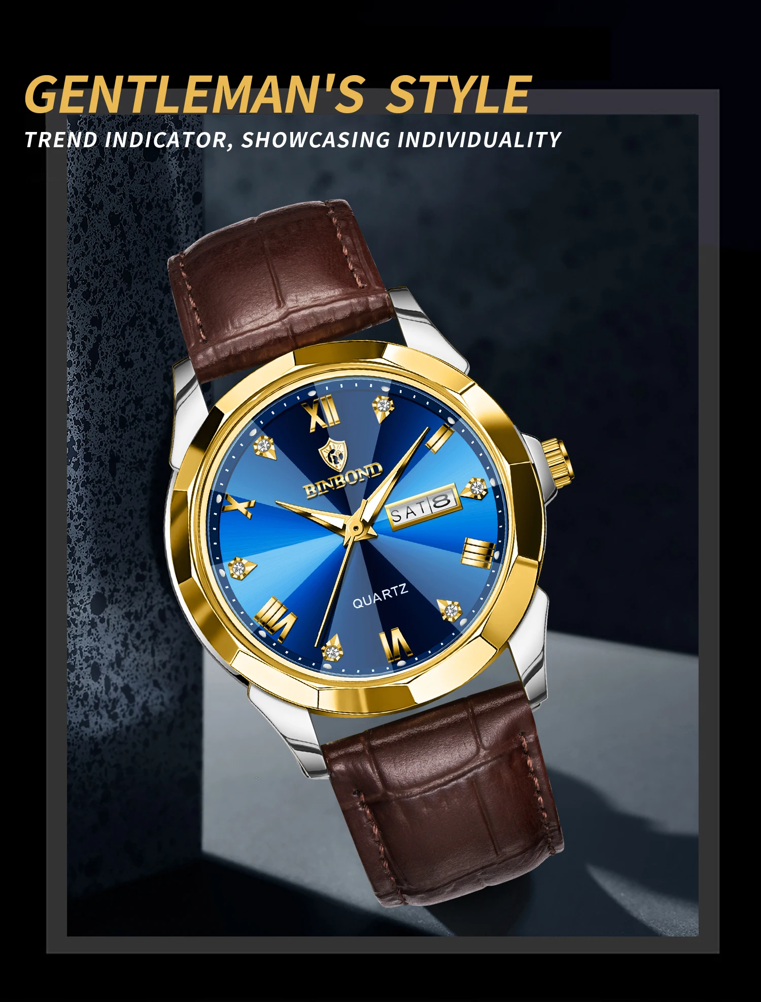 BINBOND Original Auto Date Week Display Men's Watch Reloj Hommes Leather Quartz Watches For Men Luxury Luminous Waterproof +Box