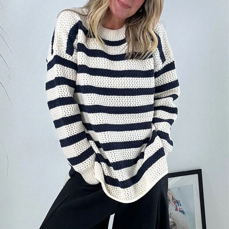

Female O-neck Long Sleeved Knitted Pullover New 2025 Autumn Striped Printed Loose Sweater Casual Comfortable Women's Sweater Top