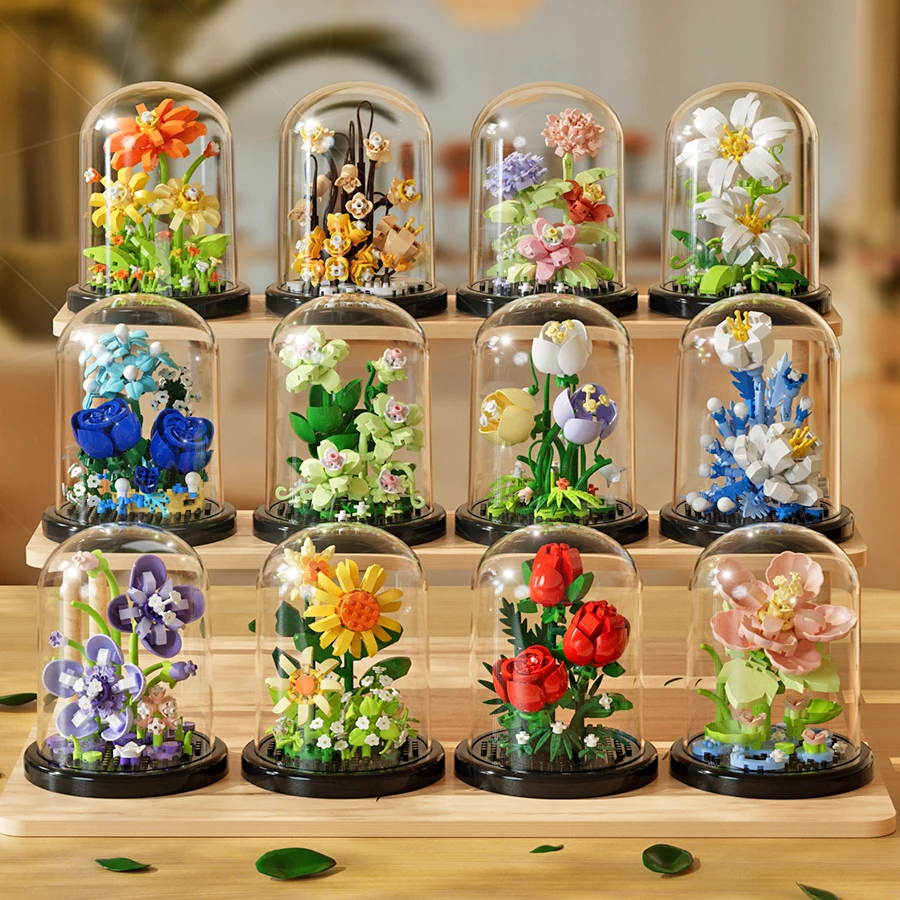 Flower Bonsai Building Blocks Rose Artificial Bouquet Plant Bricks Dust Cover Micro Puzzle Model Home Decor Birthday Toy For Kid