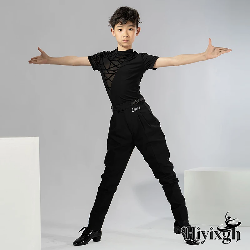 

New Kids Boy Latin Dance Costumes Children Long Sleeve High-Neck Tops Ballroom Cha Cha Dance Training Clothes Black Shirt
