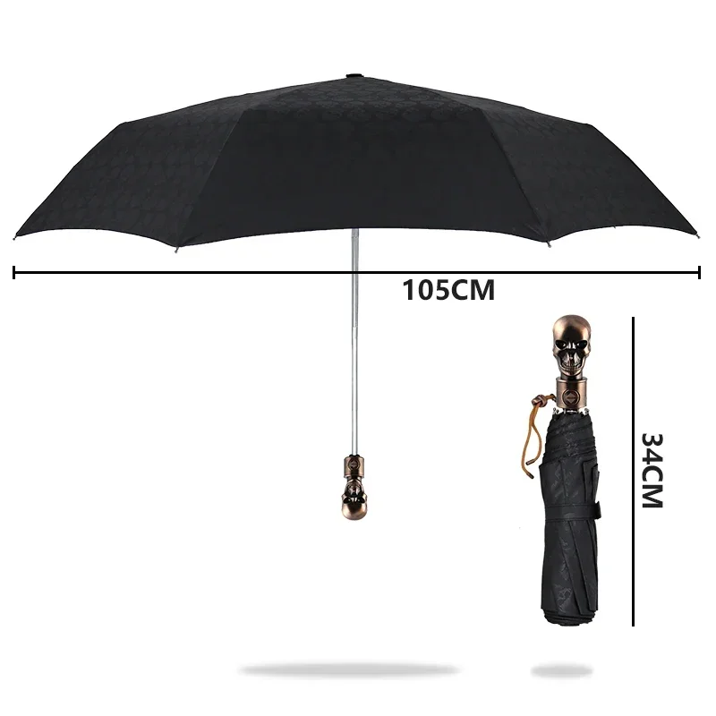 EeMen Creative Metal Skull Handle Umbrella Punk Retro Style Windproof Parasol 3 Folding Automatic 8Ribs Umbrella Rain Women