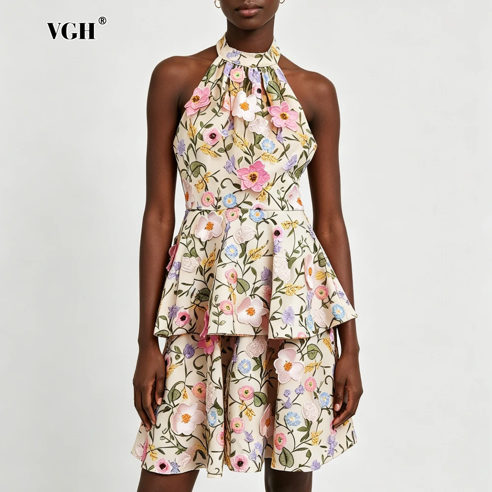 

VGH Pink Loose Spliced Embroidery Chic Dresses for Women Halter Sleeveless Elegant Romantic Dress Female Summer Fashion Style