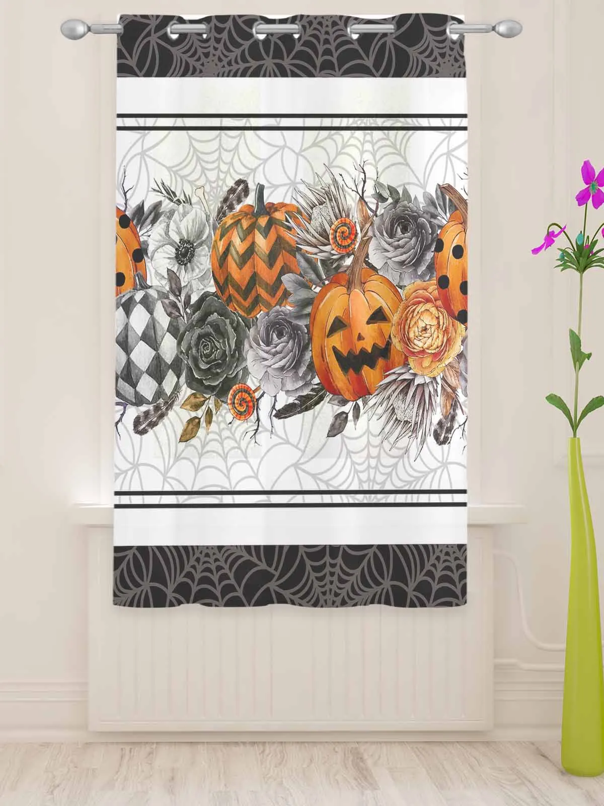 Halloween Orange Pumpkin Black Rose Crow Feather Sheer Curtains Living Room Window Voile Tulle Curtain Drapes Home Decor