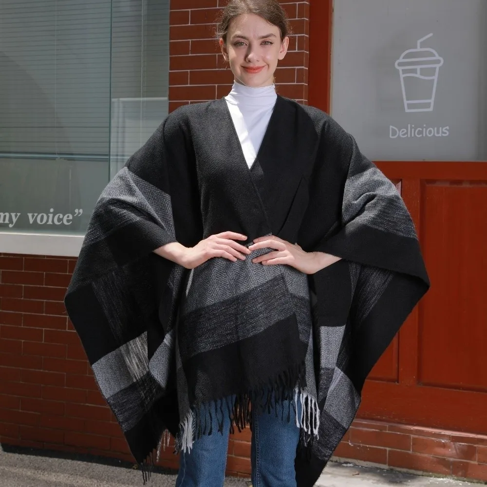 Warm Coat Plaid Design Travel Shawl Open Front Solid Color Poncho Wrap Vintage Style Thick Blanket Cardigan Shawl Fall Winter view 3