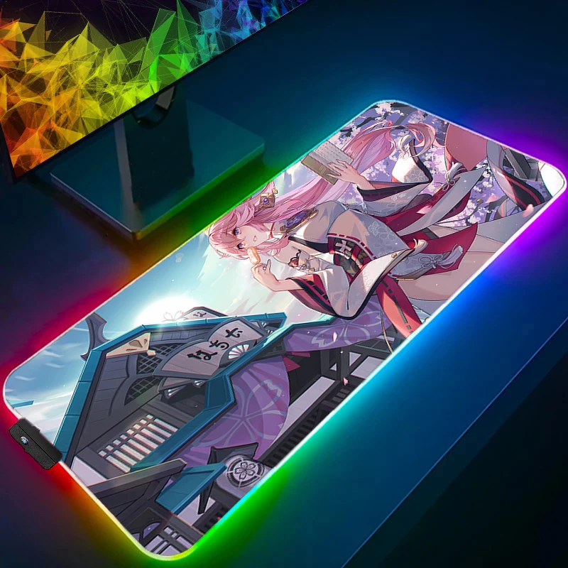 

Коврик для мыши RGB Компьютерный ноутбук Аниме Девушка Коврик для мыши Genshin Impact Yae Miko Коврик для мыши Светодиодный коврик для клавиатуры Gamer Decoracion Настольный коврик