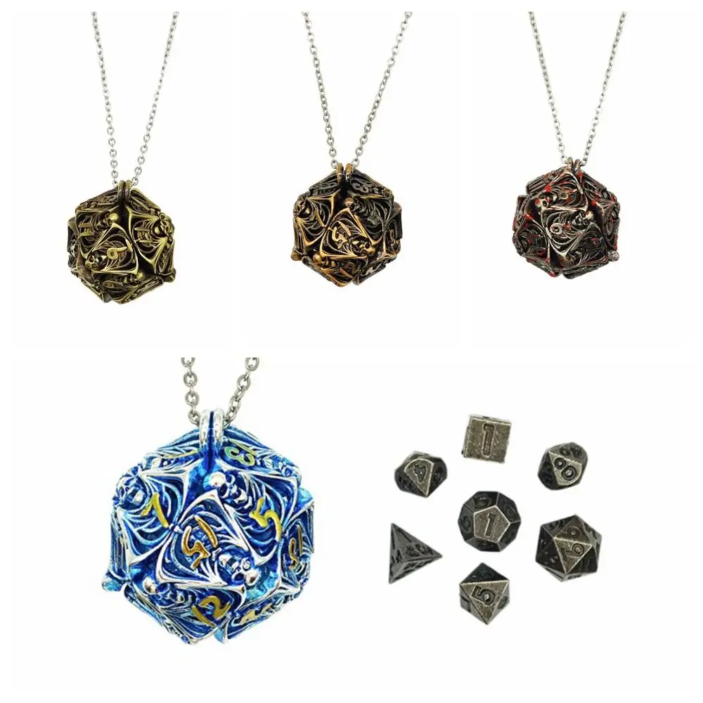 7pcs/Set 20-sided Hollow Metal Dice Necklace TRPG DND Hollow Metal Dice Torque Mini Portable Polyhedral Dice Necklace Board Game