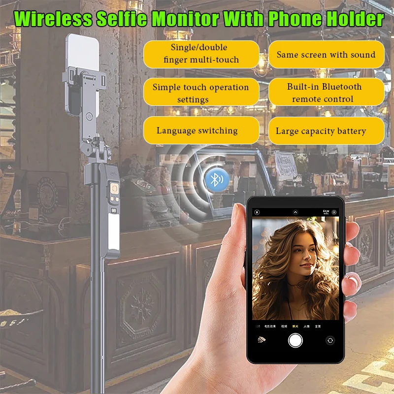 Dispositivo de compartilhamento de tela sem fio de toque de 4 polegadas com suporte para telefone Monitor de selfie de longa resistência para Vlog iPhone presentes de transmissão ao vivo