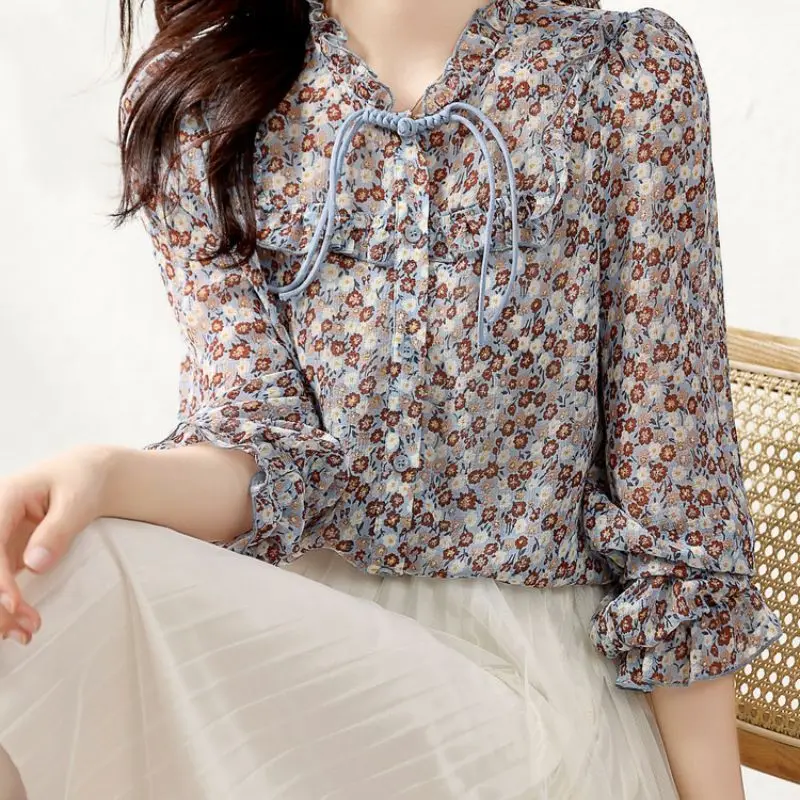 

Women Clothing Floral Plus Size Loose Elegant Blouse Long Sleeve Print Vintage Shirt Tops Fashion Office Women Clothing Spring