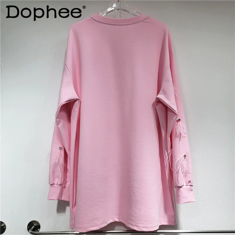 Nappa di piume con diamanti industria pesante girocollo felpe a maniche lunghe donna 2024 autunno nuove felpe oversize Casual
