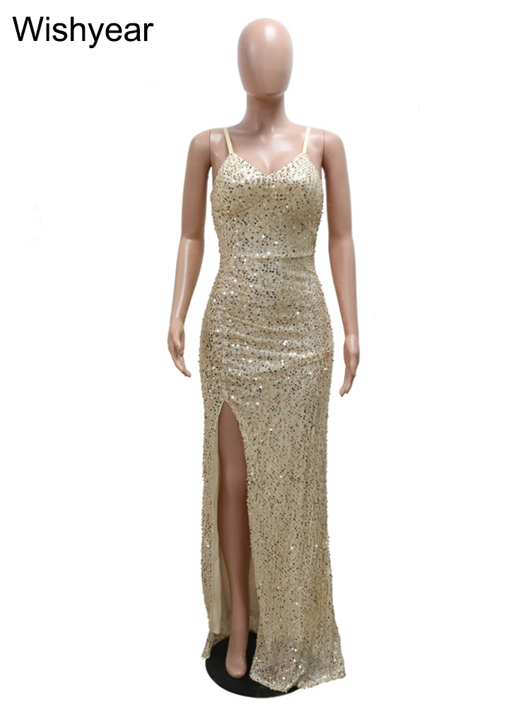 New Elegant Glitter Sequin Spaghetti Straps High Split Long Dresses Women Sexy Apricot Bodycon Birthday Party Evening Celebrity