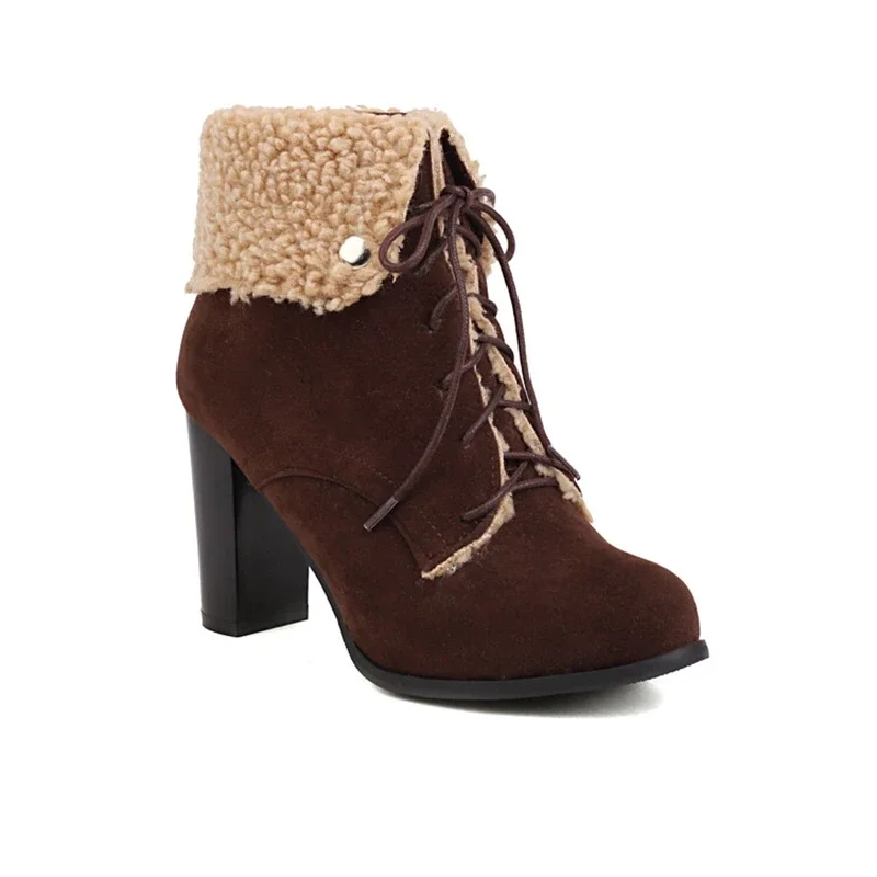 BLXQPYT Zapatos De Mujer حذاء من الجلد النساء موضة جولة تو عبر تعادل منصة الكعوب حذاء الثلج عالي الرقبة دافئ حجم كبير 46 47 أحذية W-3