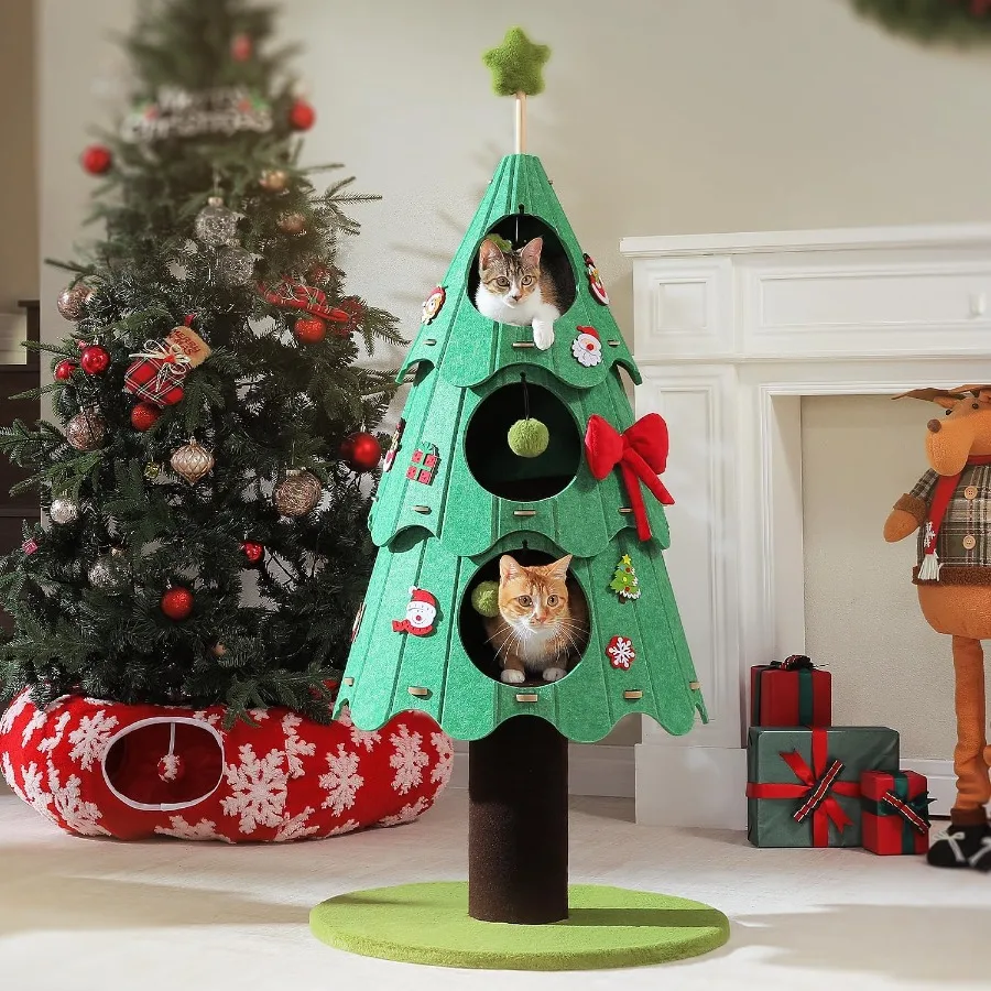 

53 Inch Christmas Cat Tree for Indoor Cats with 3 Condos and 4 Pompoms Multi-Cat Furniture Featuring Holiday Felt Stickers Acti