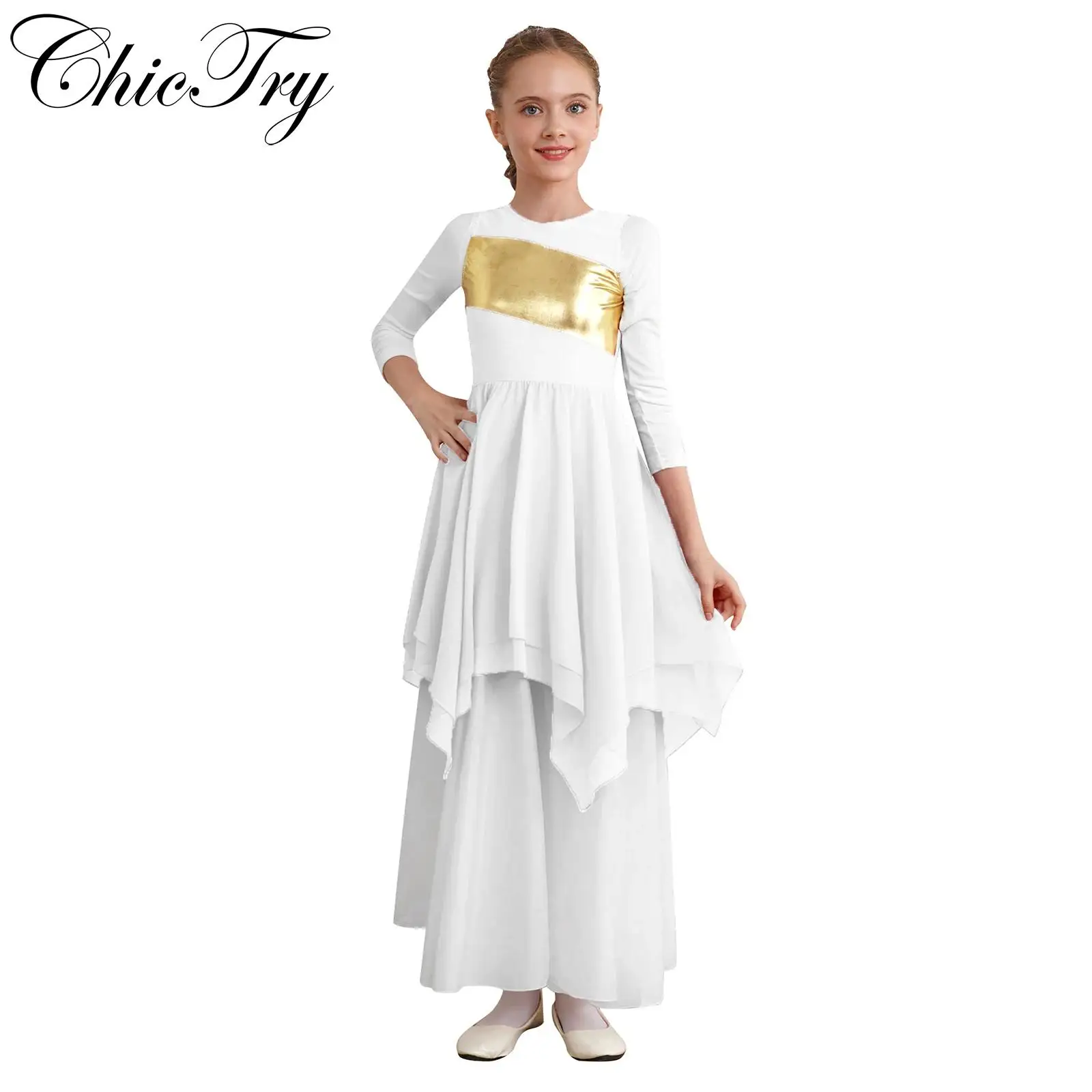 

Kids Girls Liturgical Praise Dance Dress Metallic Sleeveless Asymmetrical Tunic Worship Church Lyrical Dance Dresses Costumes