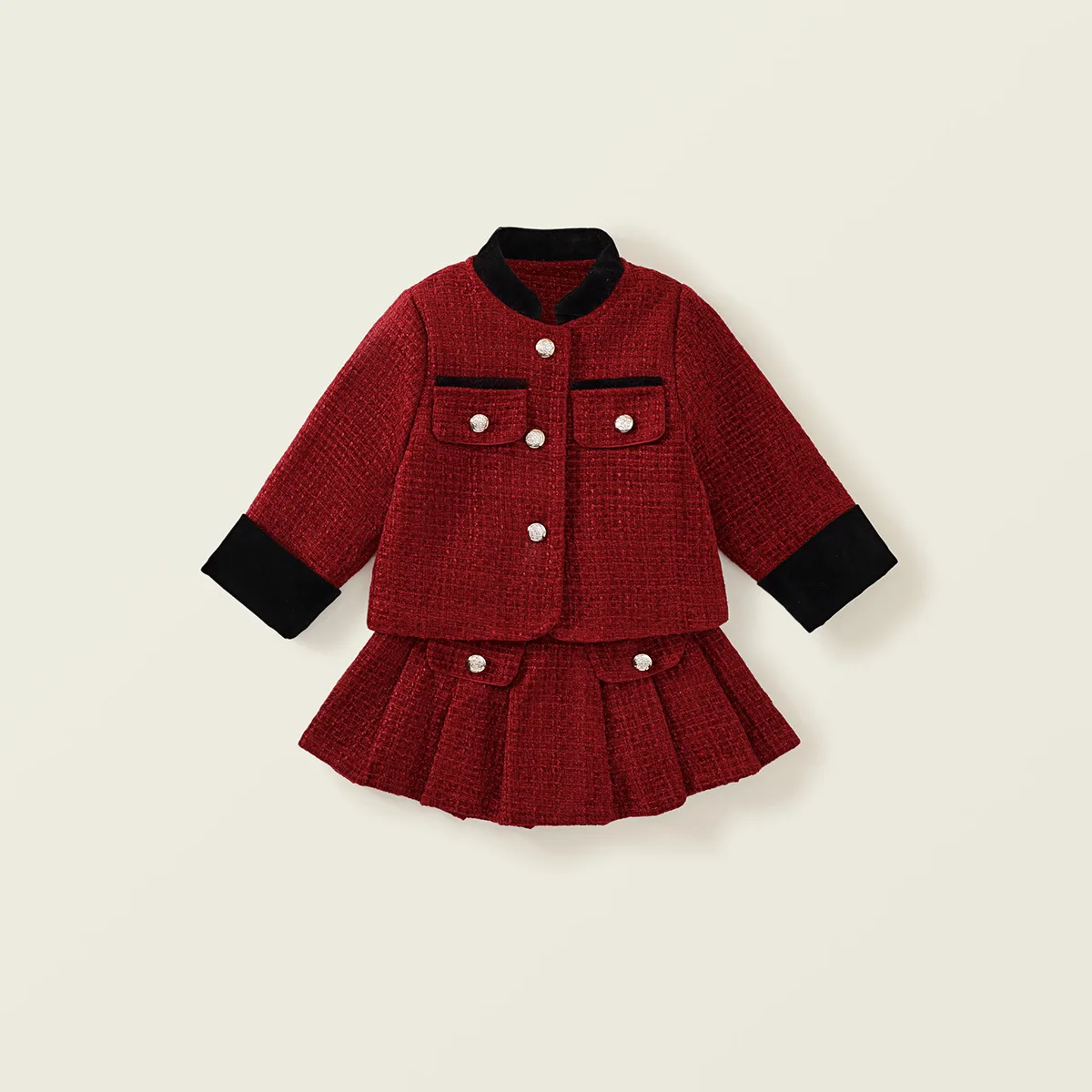 Girls' Cotton Padded Thick Set Winter New 2025 Children's Red Cardigan Jacket+half Body Pleated Skirt New Year's Wear Clothes