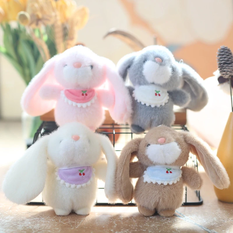 Poupée en peluche lapin à longues oreilles, écharpe mignonne, poupée Ragdoll douce, porte-clés, sac à dos pendentif, ornement suspendu, jouets en peluche, cadeaux pour enfants