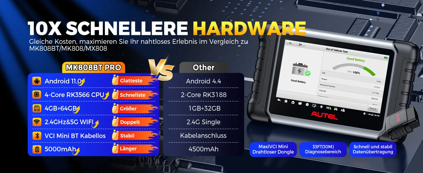 Autel MaxiCOM MK808BT PRO Kabelloses OBD2-Diagnosegerät, Kfz-Scanner, Diagnose aller Systeme, 3000+ Tests, PK MK900BT MK808S – Detail 2