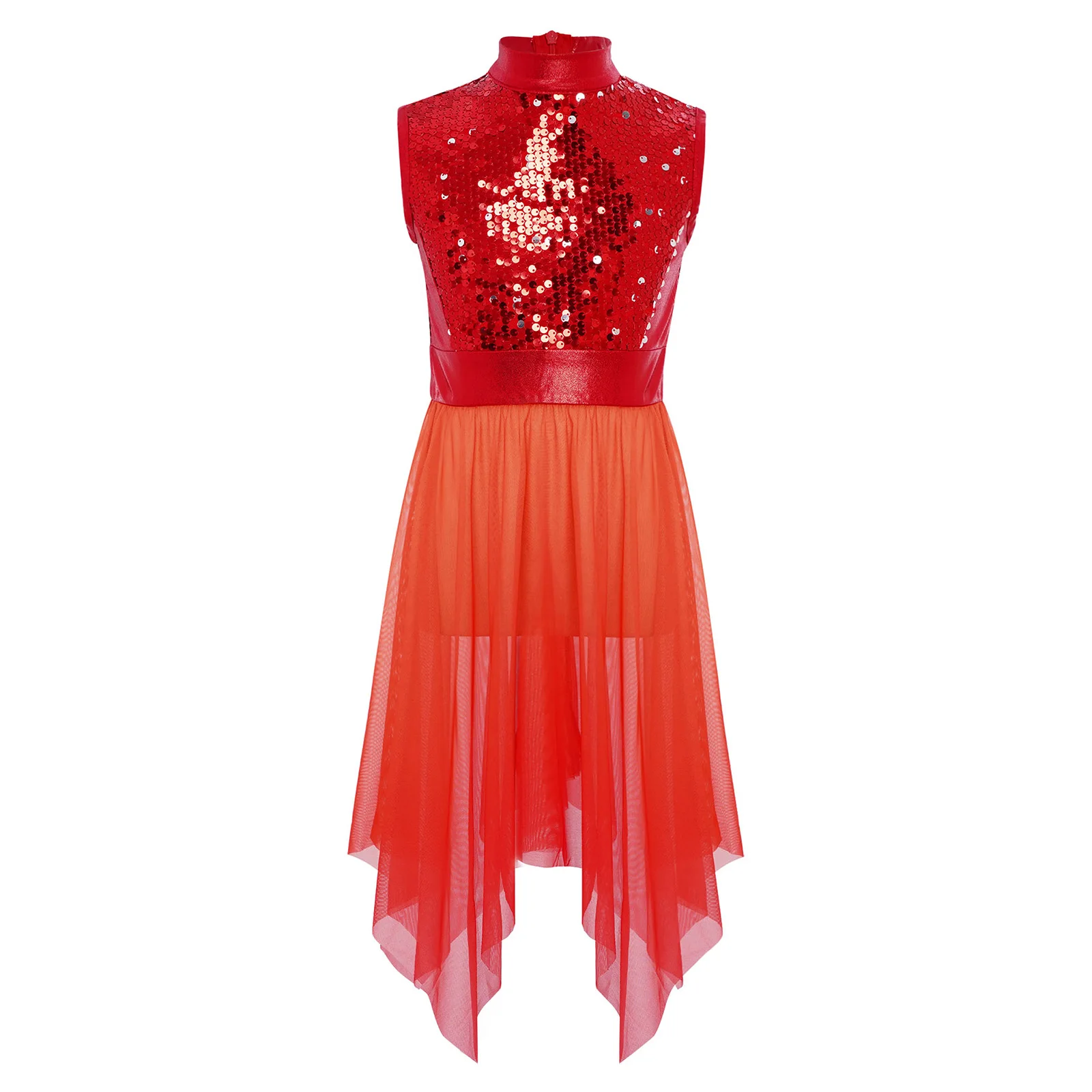 Costume de danse liturgique pour filles, tunique de danse moderne lyrique, sans manches, ourlet asymétrique, robe corsage à paillettes