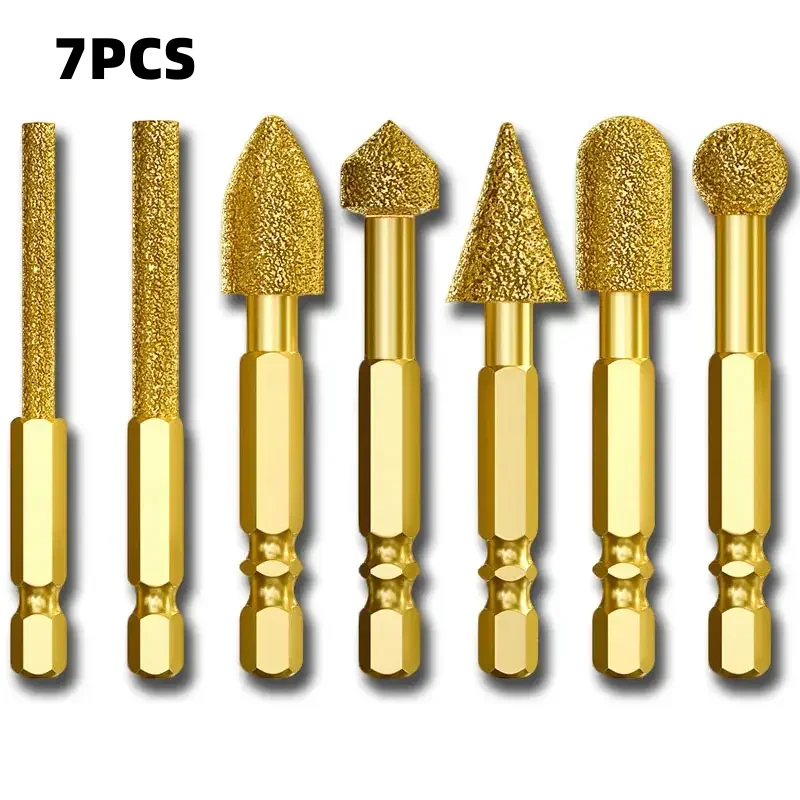 Hex Shank Diamond Grinding Burr Bits 7 Pack Multi Shape Vacuum Brazed Rotary Tools for Marble Iron Stainless Steel