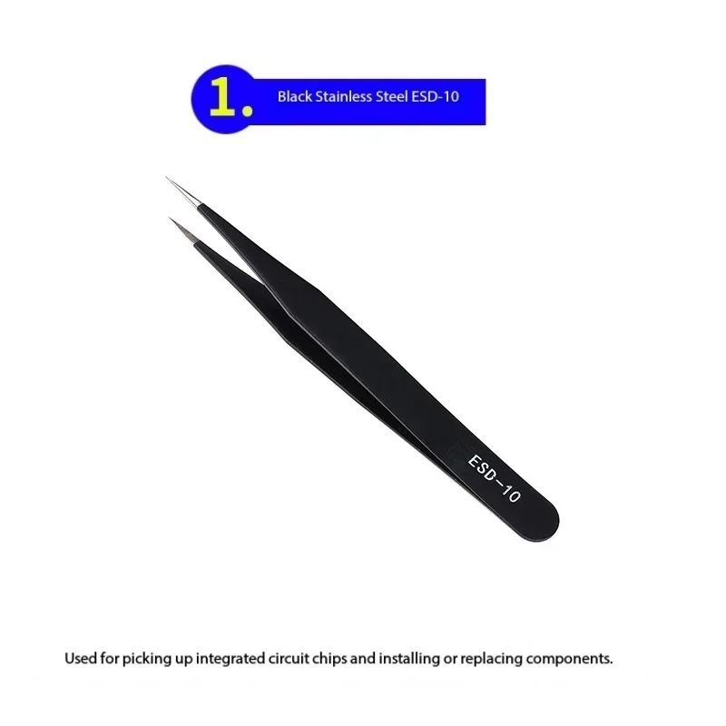 ESD-10 to 15 Precision Tweezer Set 6pcs Anti-Static Black Stainless Steel Straight/Flat/Round/Bent Tips for Electronics Repairs view 5