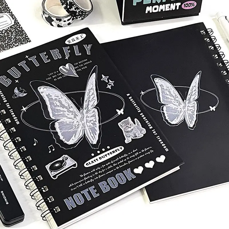 Black White Simple A5 Notebook Butterfly Pattern Coil Notepad Vintage Aesthetic Stationery Student Sketchbook School Supplies