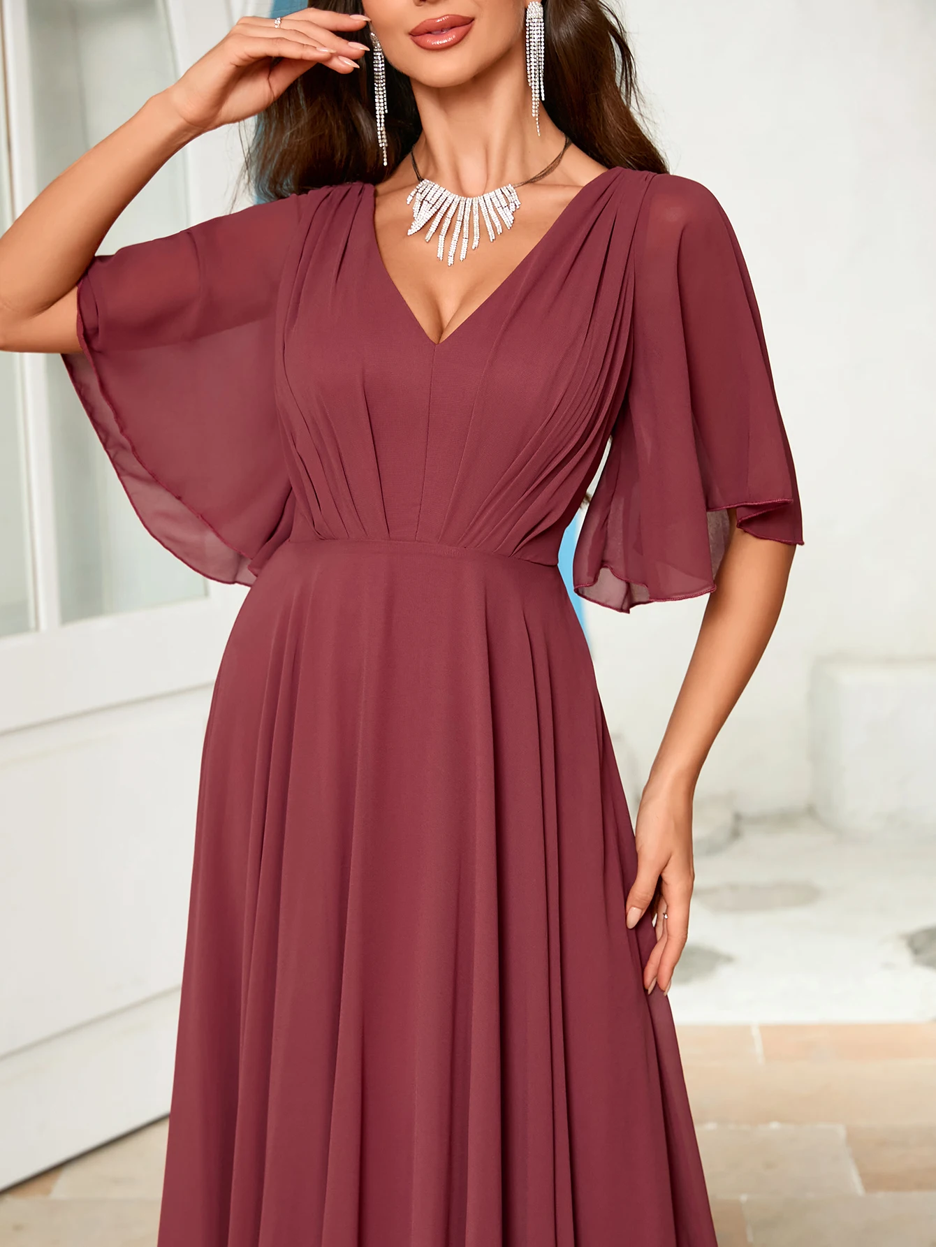 Unithorse Floral Sleeve Ruched Bust Chiffon Bridesmaid Formal Dress