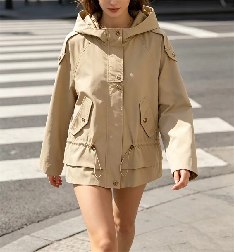 Guobioziy Women's Jacket 2026Autumn/Winter Drawstring Decorative Loose Hooded Trench Coat Casual Fashion Women's Jacket