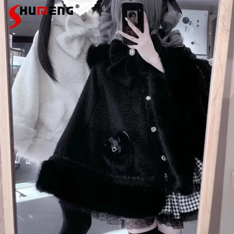 

Original Japanese Mine Series Mass-produced Black Hooded Cloak Women's Autumn and Winter Velvet Bow Single-breasted Jacket 2025