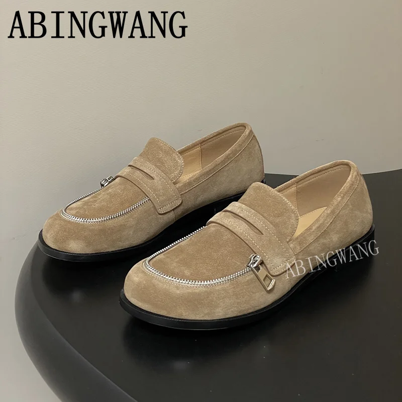 

2025 Spring Autumn Suede Leather Flats Loafers for Women Slip On Round Toe Casual Ladies Shoes Lazy Shoes Women
