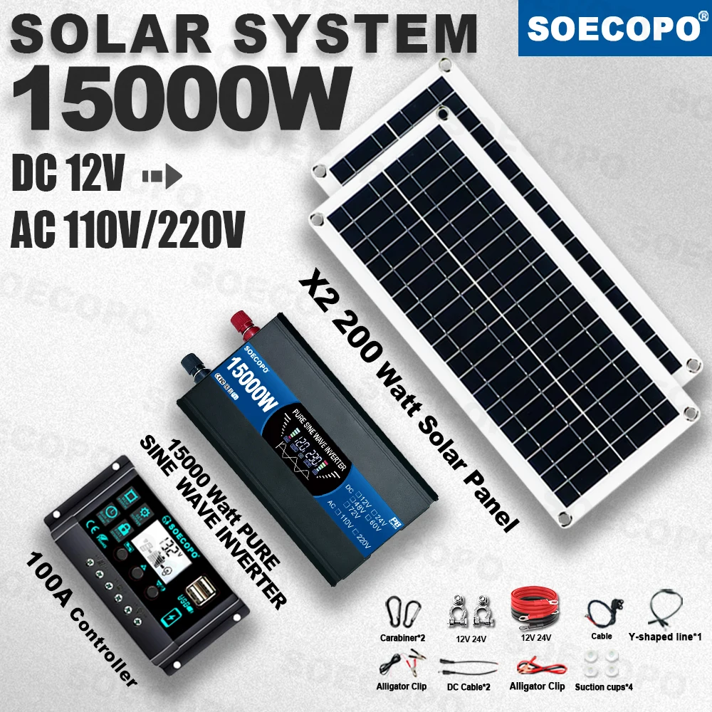 

SOECOPO Clean Power 15000W 12V Solar Panel System 200W×2 Panel 100A Controller Pure Sine Wave Inverter for RV Camp Farm garden
