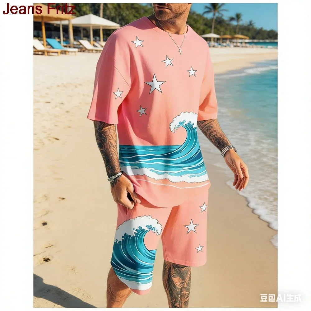 

Hawaiian Men's T-shirt and Shorts Two-Piece Set, Vacation Breathable Set, Beach 3D Sports Set, Plus Size Men's Sportswear