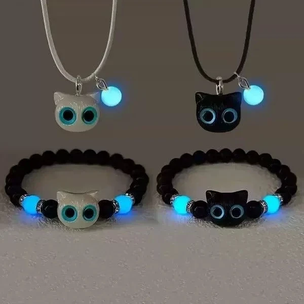 Cute Cartoon Big Eye Cat Luminous Bracelets Glow In The Dark Fluorescence Pendant Necklace for Women Couple Friendship Jewelry