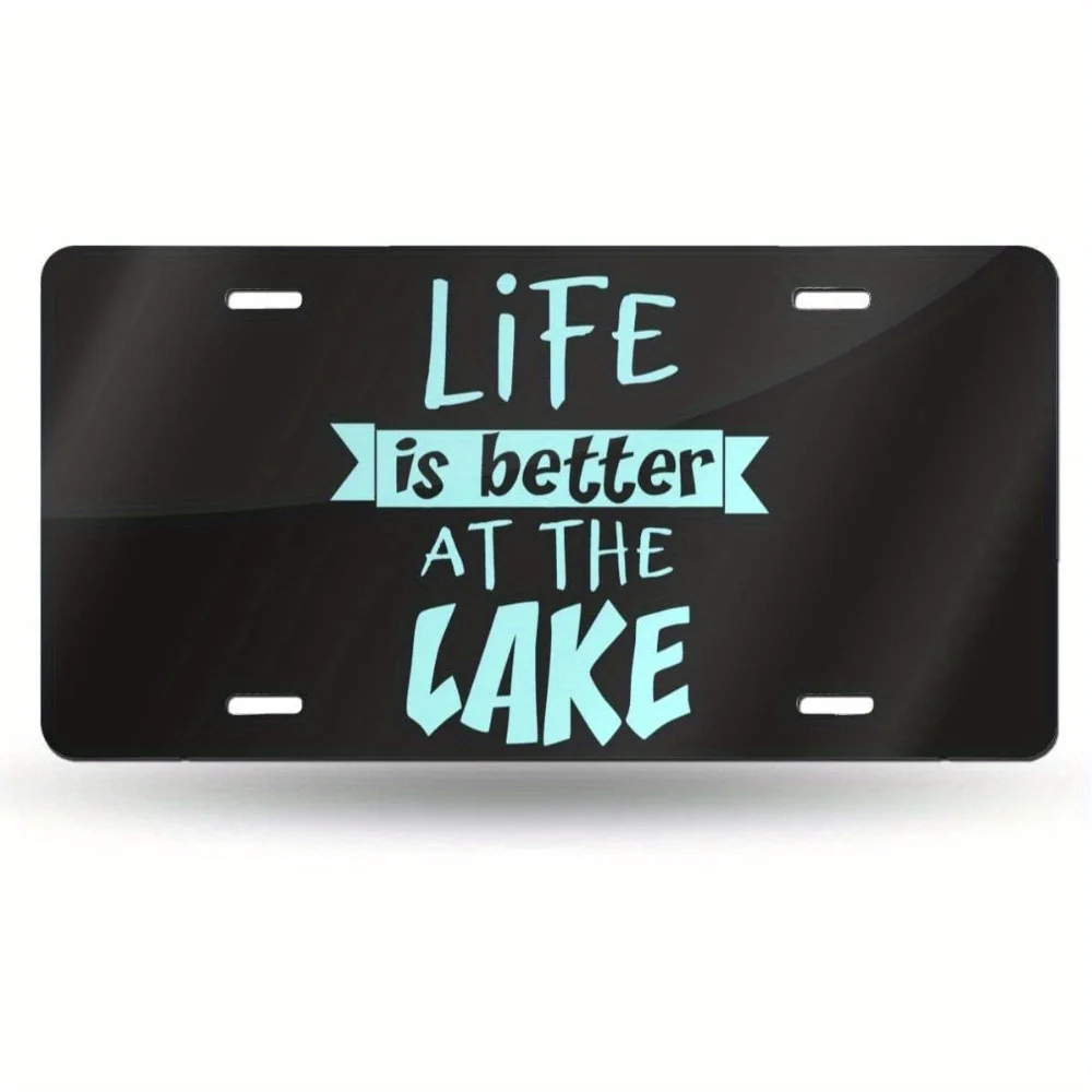 2D Flat， 1 metal license plate plaque with the words' Lakeside Life is Better '| Black and turquoise colors