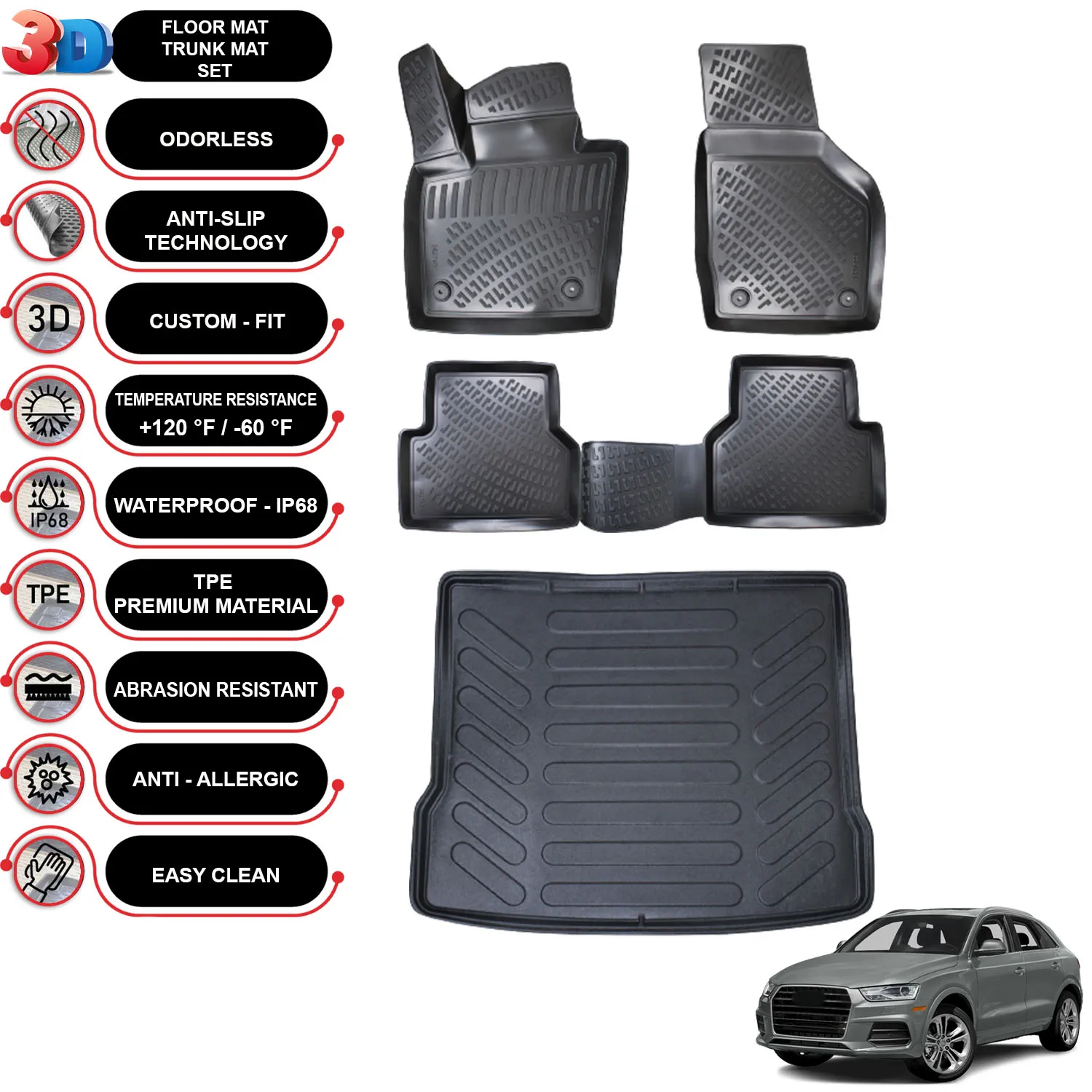 Audi Q3 - (2011-2018) - Floor Mats + Cargo Trunk Liner - SET - (Black)