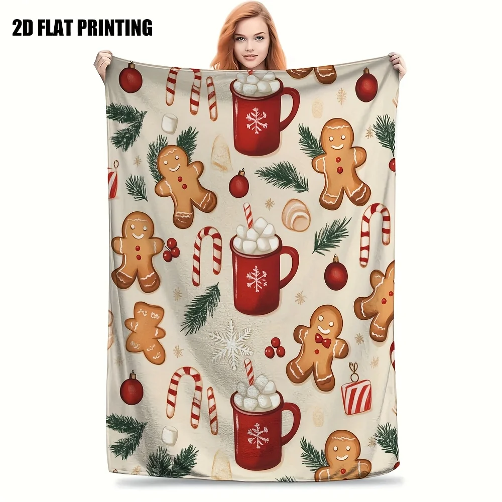 1pc Christmas-Themed Gingerbread Cocoa Blanket, a Warm Plush Flannel Throw Perfect for Chairs And Cars, an Essential for The Holiday Season, Offering a Soft And Cozy Feel