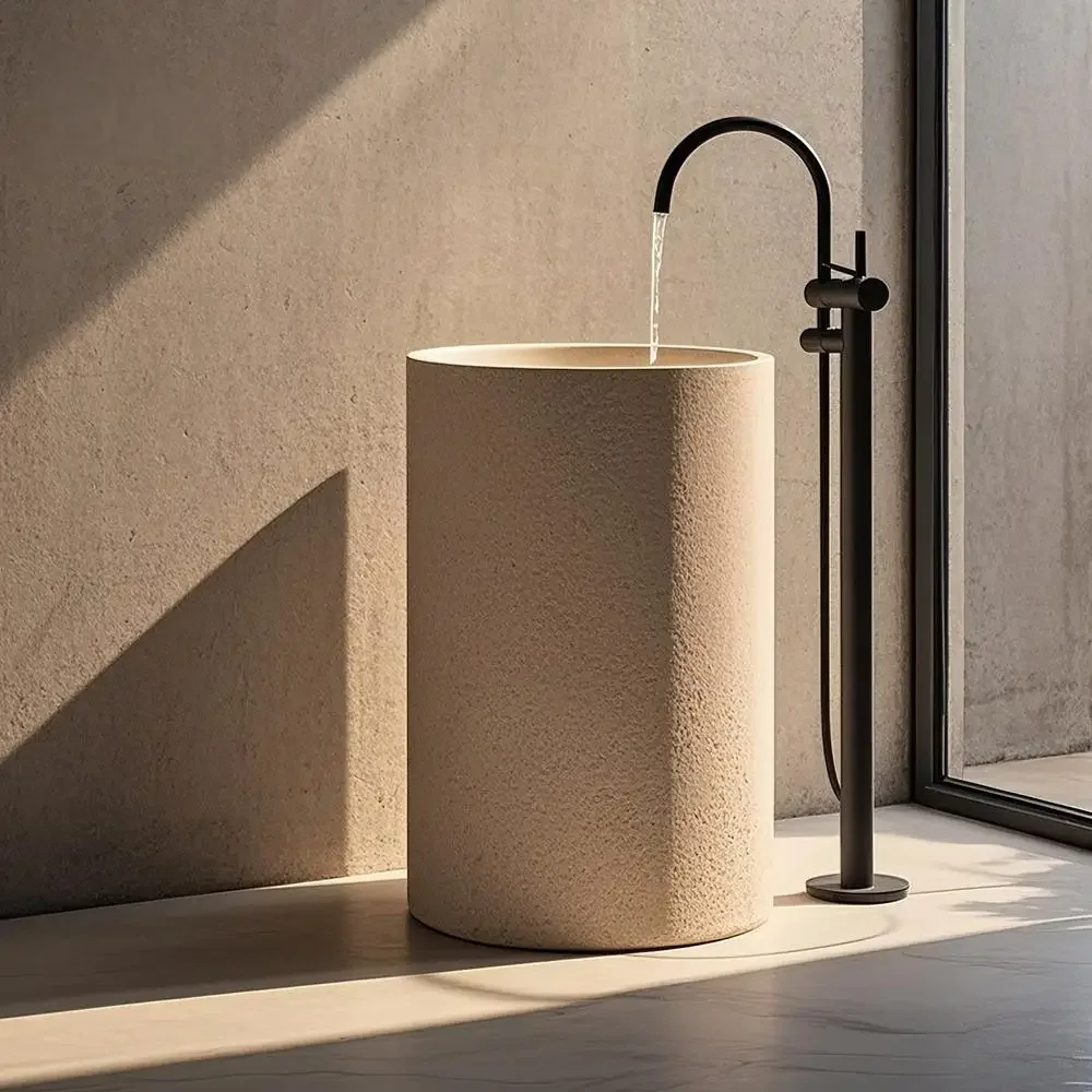 #Beige Breccia Oniciata Marble Pedestal Sink | Artistic Handcarved Freestanding Basin for Outdoor, Balcony, Villa, Bathroom