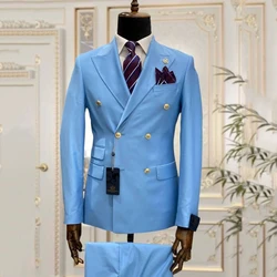 Slim Fit Male Suits 2 Pieces Peak Lapel Double Breasted Wedding Tuxedos Groom Business Wear Best Man (Blazer+Vest) Costume Homme