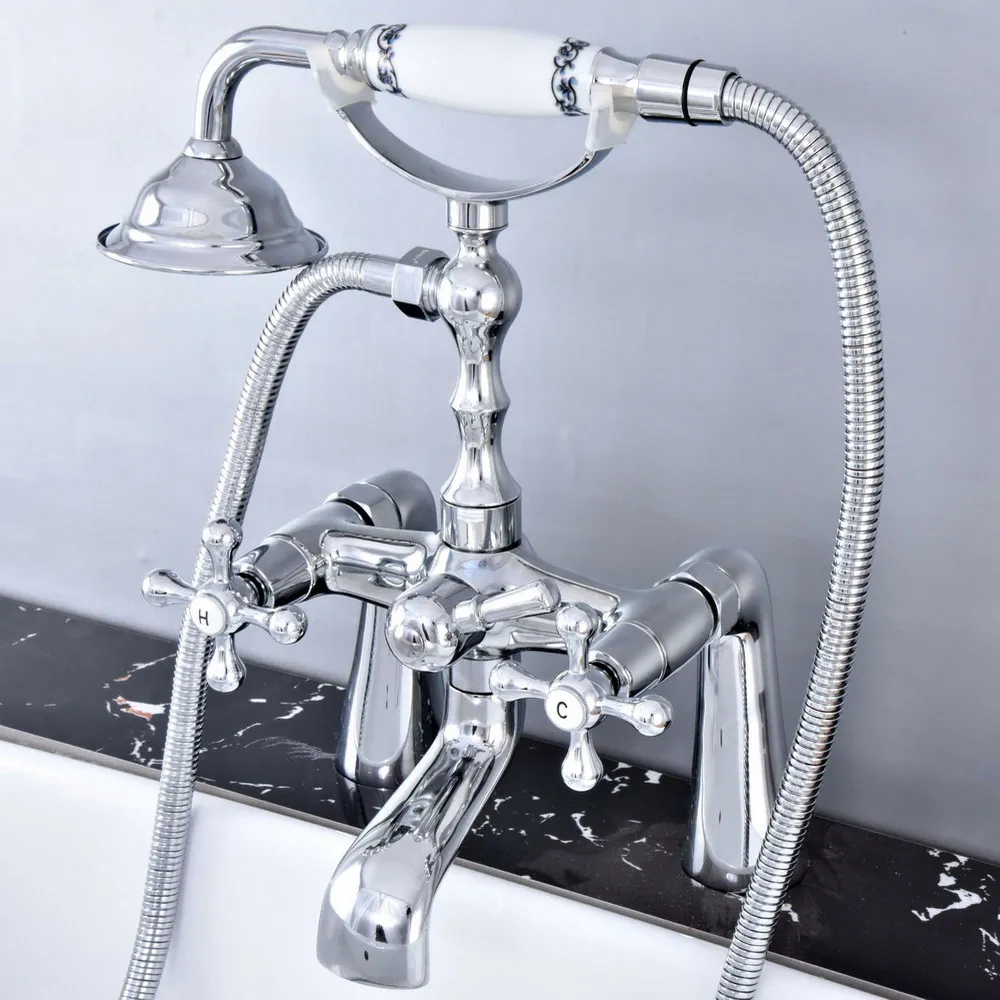 

Modern Silver Chrome Brass Deck Mounted Bathroom Tub Faucet Set with 1500MM Handheld Shower Spray Head Bath Mixer Tap 2tf768