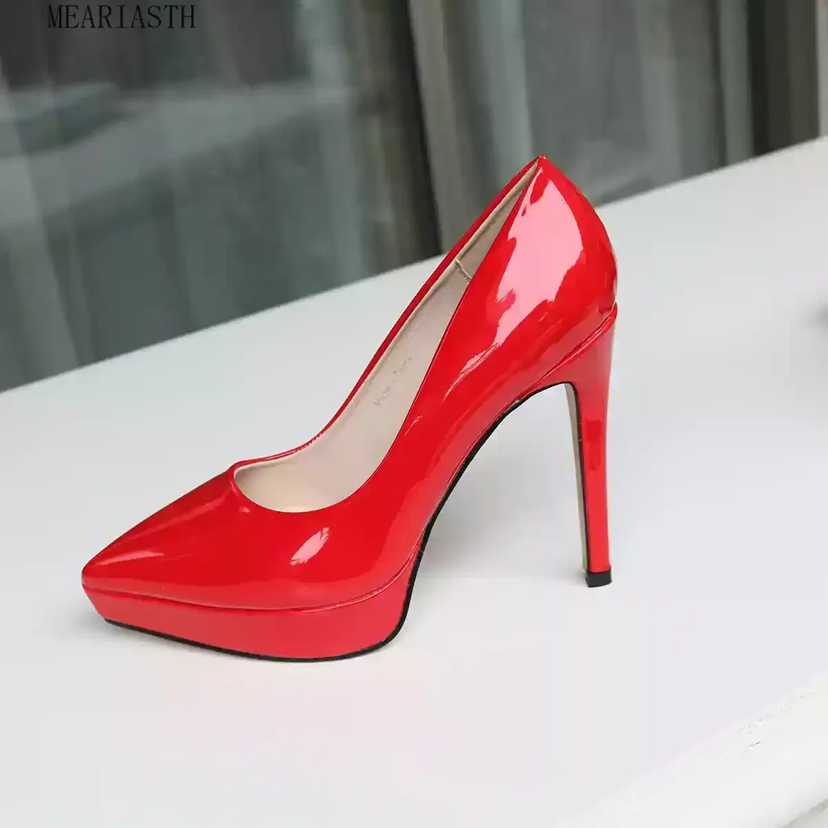 12cm Nude red Sexy High Heel Stiletto Pointed Toe Patent Leather Single Shoes Woman Party Catwalk Platform Ladies Pumps 2024