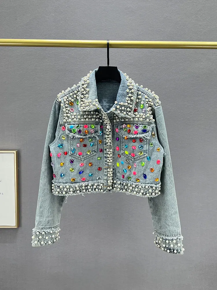 

Trendy Women's Denim Jaet with Sequins Loose Fit Heavy Embelliment Diamond Inlay ort Sle Cotton Polyester Blend