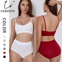 CINOON Seamless Tanks Tops Bras Set Female Underwear Wireless Bra Crop Top Women High Waist Underpants Soft Bralette Lingerie