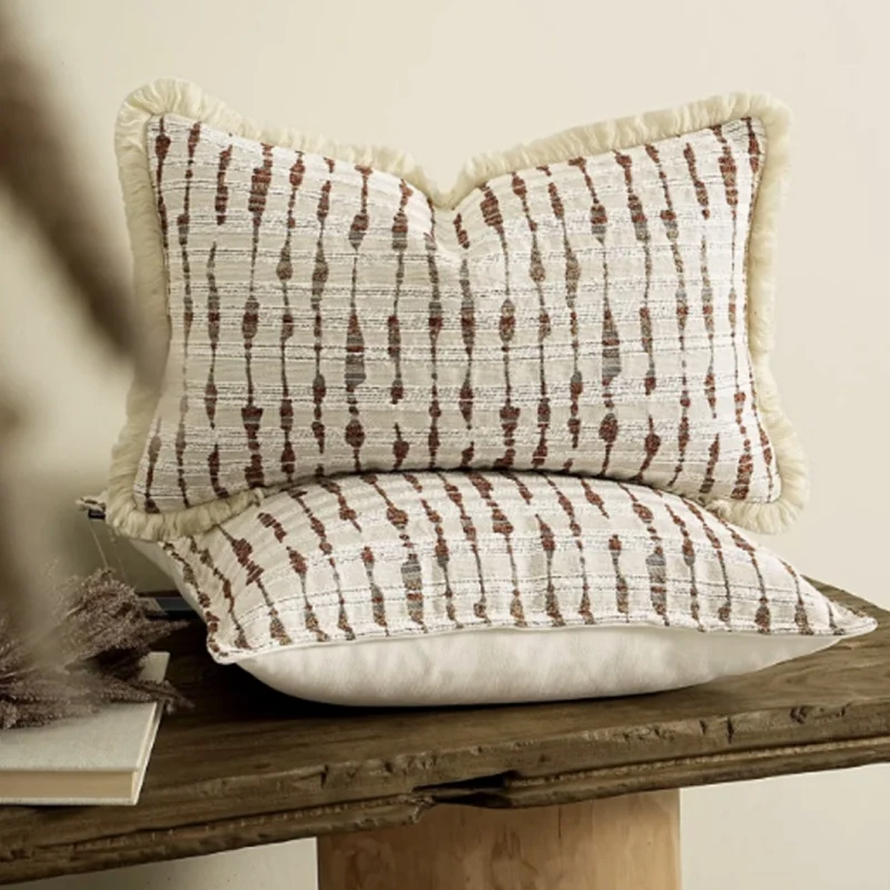 Bohemian Fringed Throw Pillow Cover  Textured Ikat Stripe Cushion Case Rustic Farmhouse Coastal Decorative Pillows For Sofa