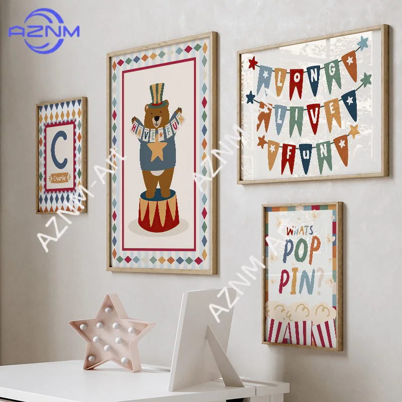 Cuadro Decorativo de Lona con Diseño de Oso Mago de Circo y Perro, Póster de Dibujos Animados para Habitación Infantil, Decoración para Dormitorio de Bebés y Niños