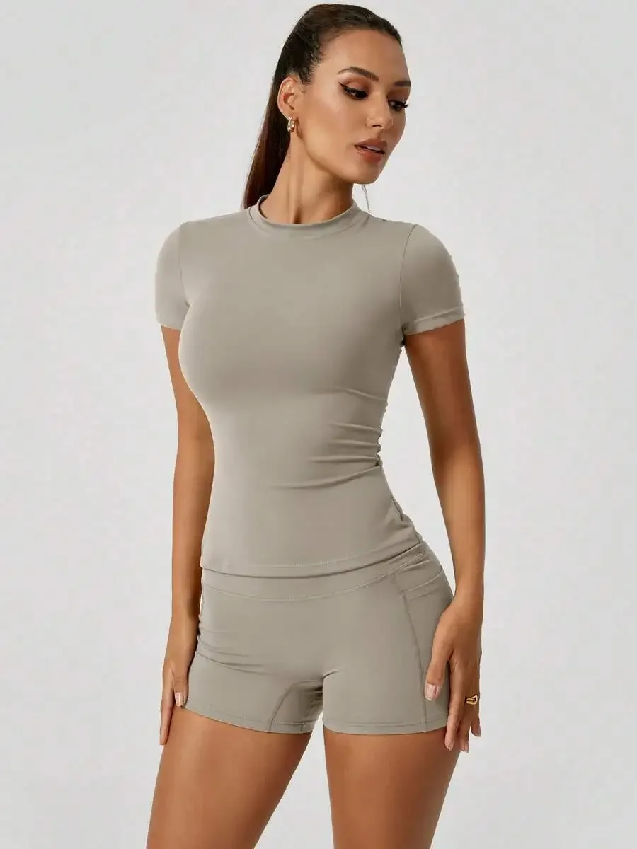 Women's Sweet Sports Short Sleeve High Waist Tummy Control Butt Lifting Shorts Set