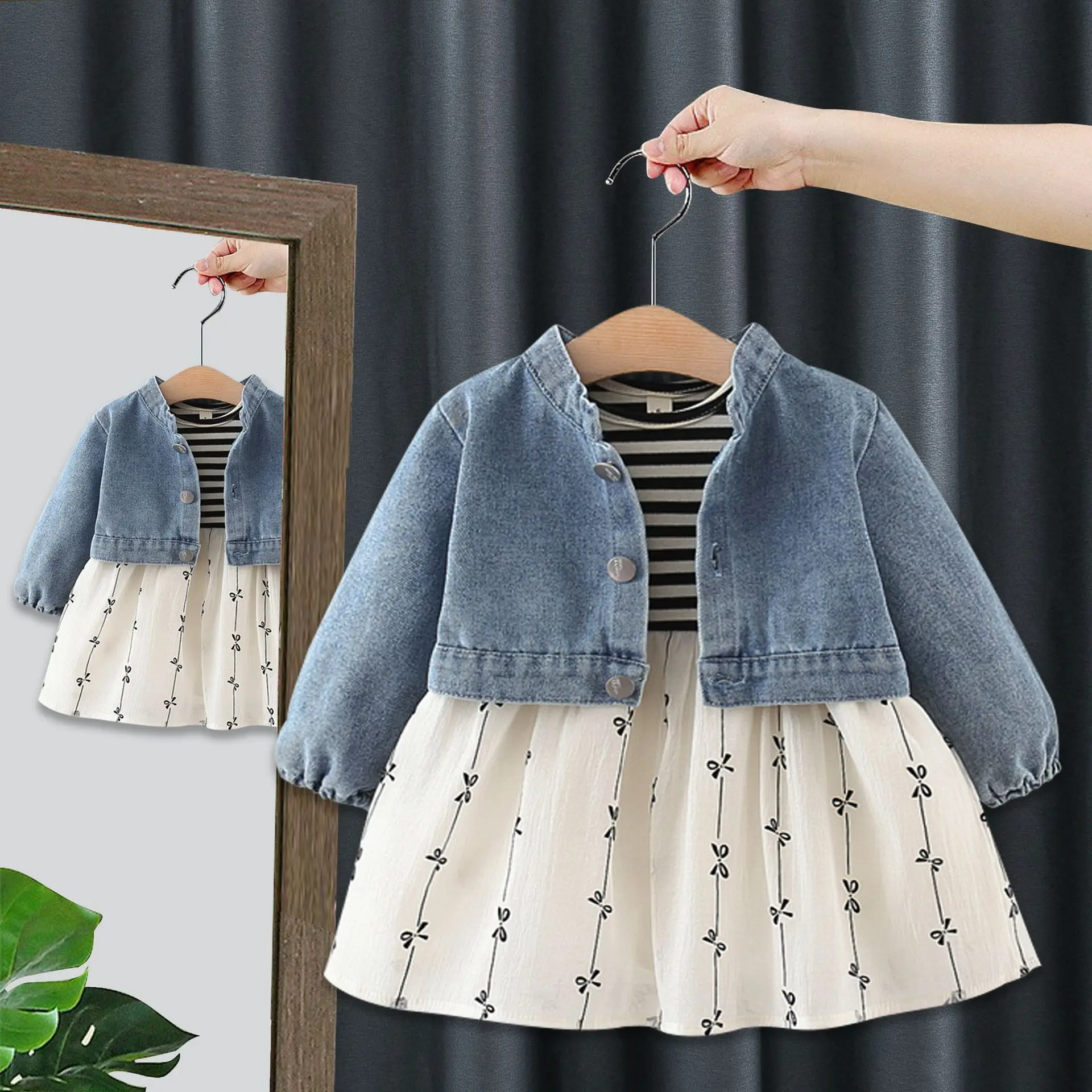 Baby Princess Dress Child Girl Autumn Suit Girl Jeans Coat + Mesh Stripe Print Dresses Two Piece Toddler Infant Clothes Set image 3