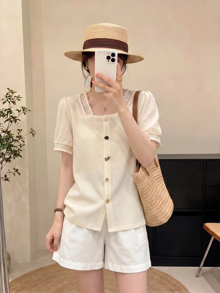 Chic Lace Square Collar Short Sleeve Women's Shirt Korean Style Commute Wind Loose Fit Summer New Arrival plus Size Office Top