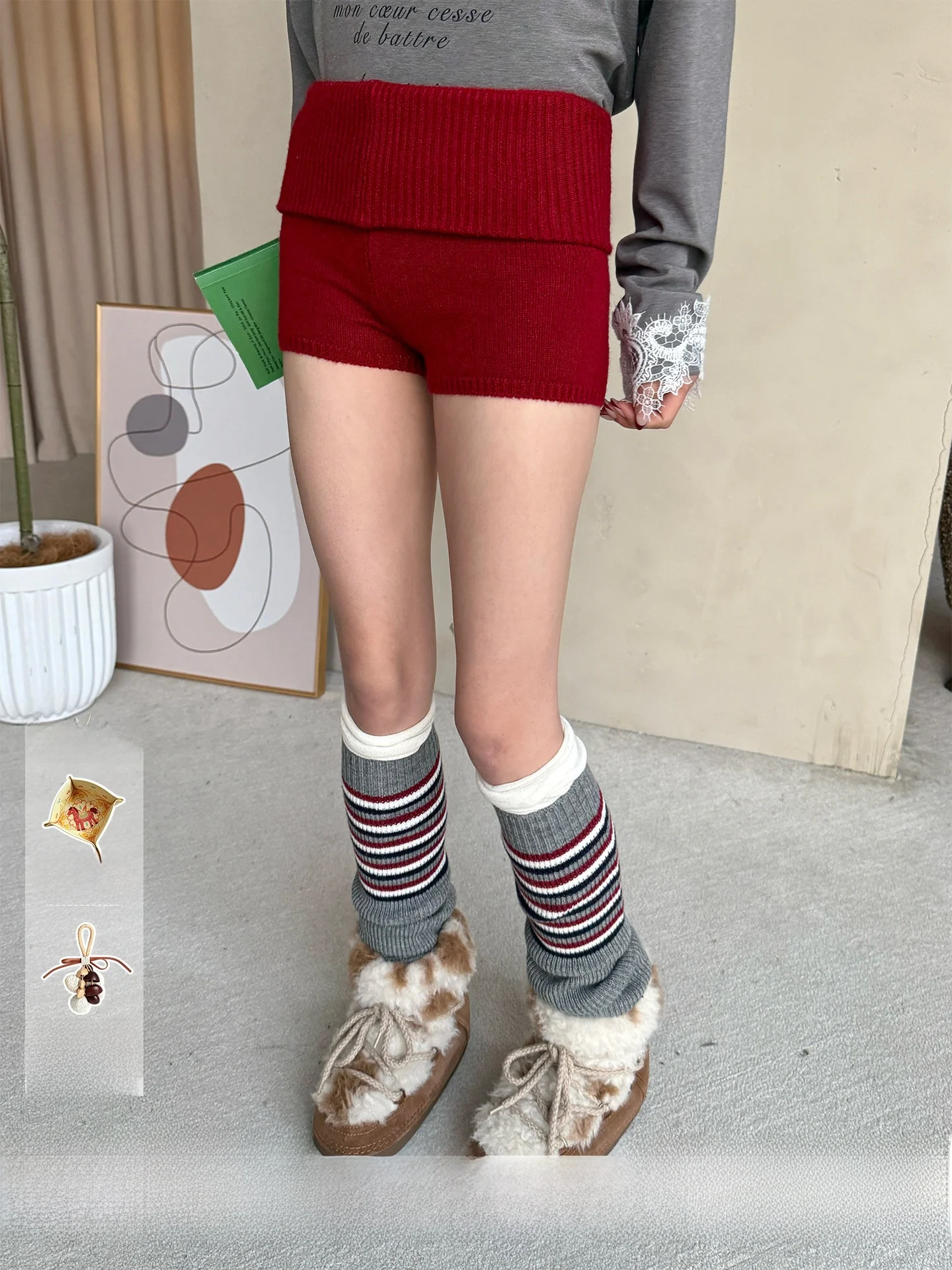 

Mimblanche Brand Knitted Casual Shorts Low Waist Straight Leg Pants Pure Color Simple Style for Ladies Winter Season