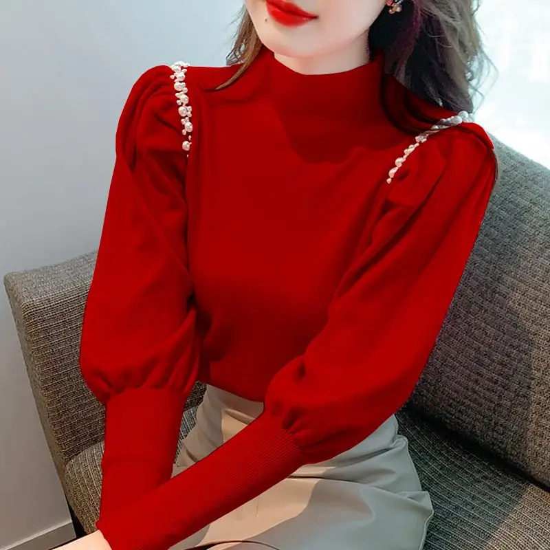 Elegant Half High Collar Knitted Tops Women\'s Clothing Autumn Winter Fashion Beading Spliced Solid Color Sweaters for Female