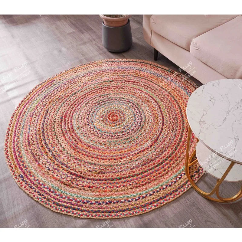 Indian Beige & Cotton Round Jute RugCircle Area Cotton Jute Rug Home Décor Rug